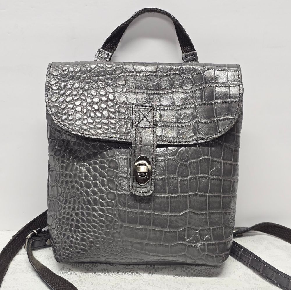 Patricia Nash Davoli Genuine Smokey Gray Croco Leather Convertible Backpack